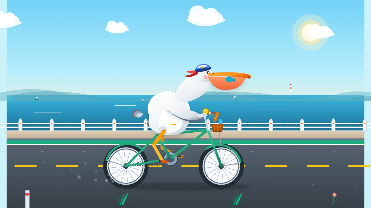 Vector illustration of a pelican riding a bicycle by the sea