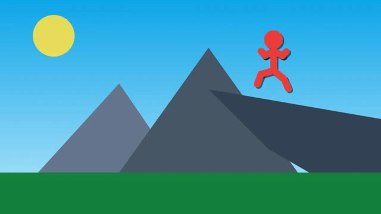 Red stick figure jumping above a mountain landscape